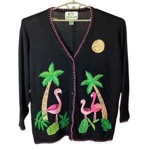 Vintage Quacker Factory Flamingo Palm Trees Cardigan Sweater Women’s 3X